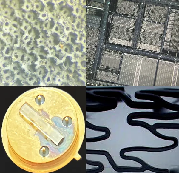 Collage of spray-coated parts: porous electrode surface, semiconductor die, TO-can photonic package, and stent struts