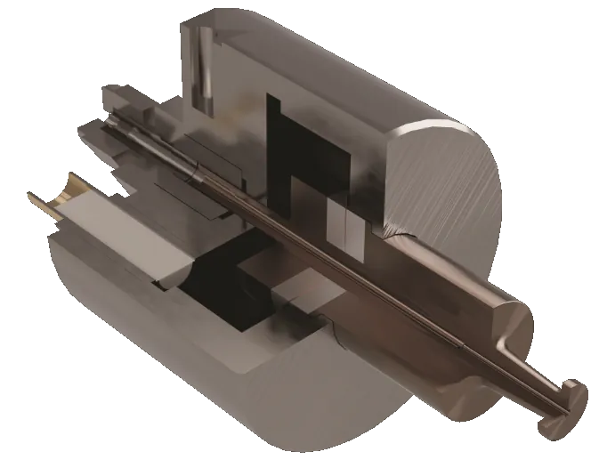 Ultrasonic spray nozzle cutaway showing internal piezoelectric assembly